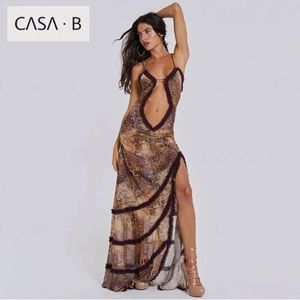 NEW to CASA B💫Seraphina Sheer Cut-Out Frill Leopard Script Print Maxi dress